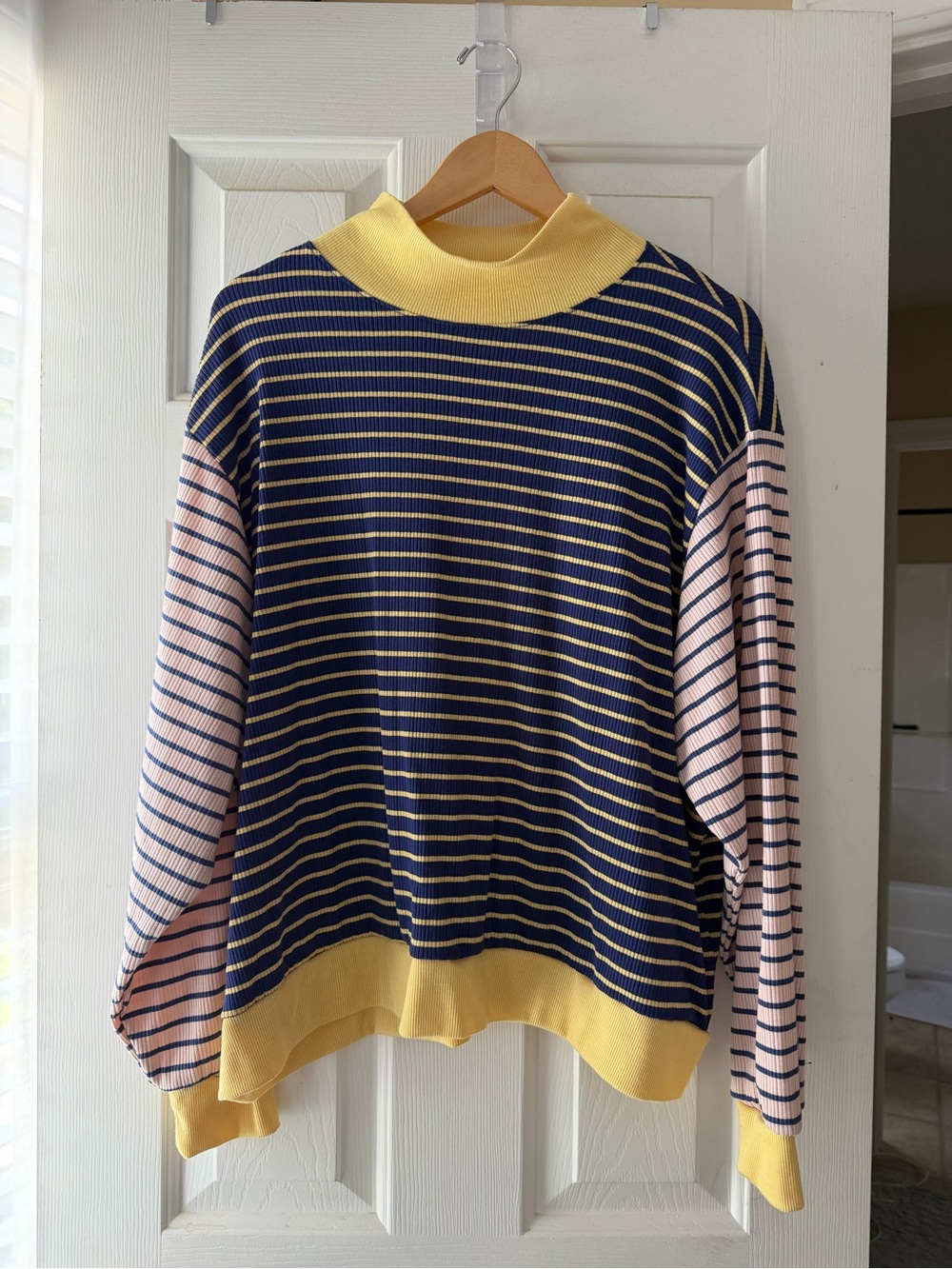 BUCKETLIST Navy & Pink Striped Turtleneck Sweater with Yellow Trim